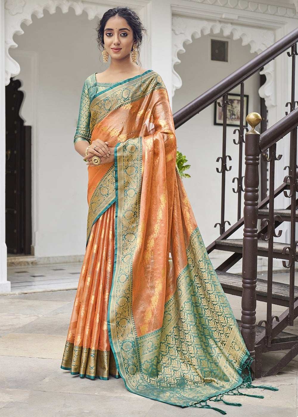 Buy MySilkLove Big Foot Orange Zari Woven Organza Tissue Silk Saree Online