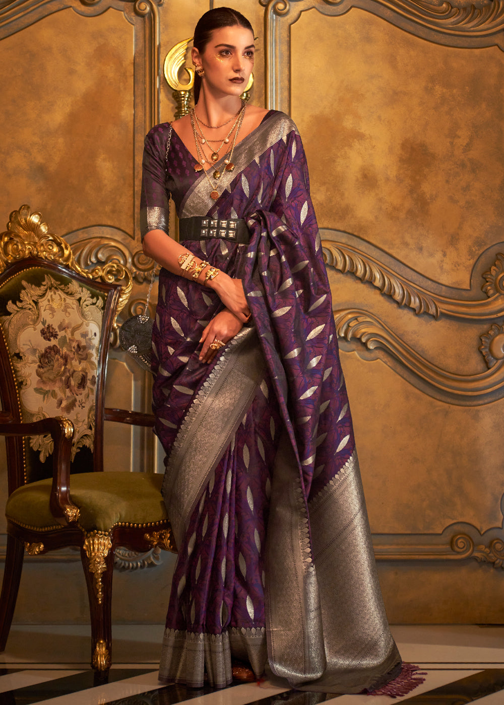 Buy MySilkLove Woody Purple Banarasi Satin Silk Saree Online