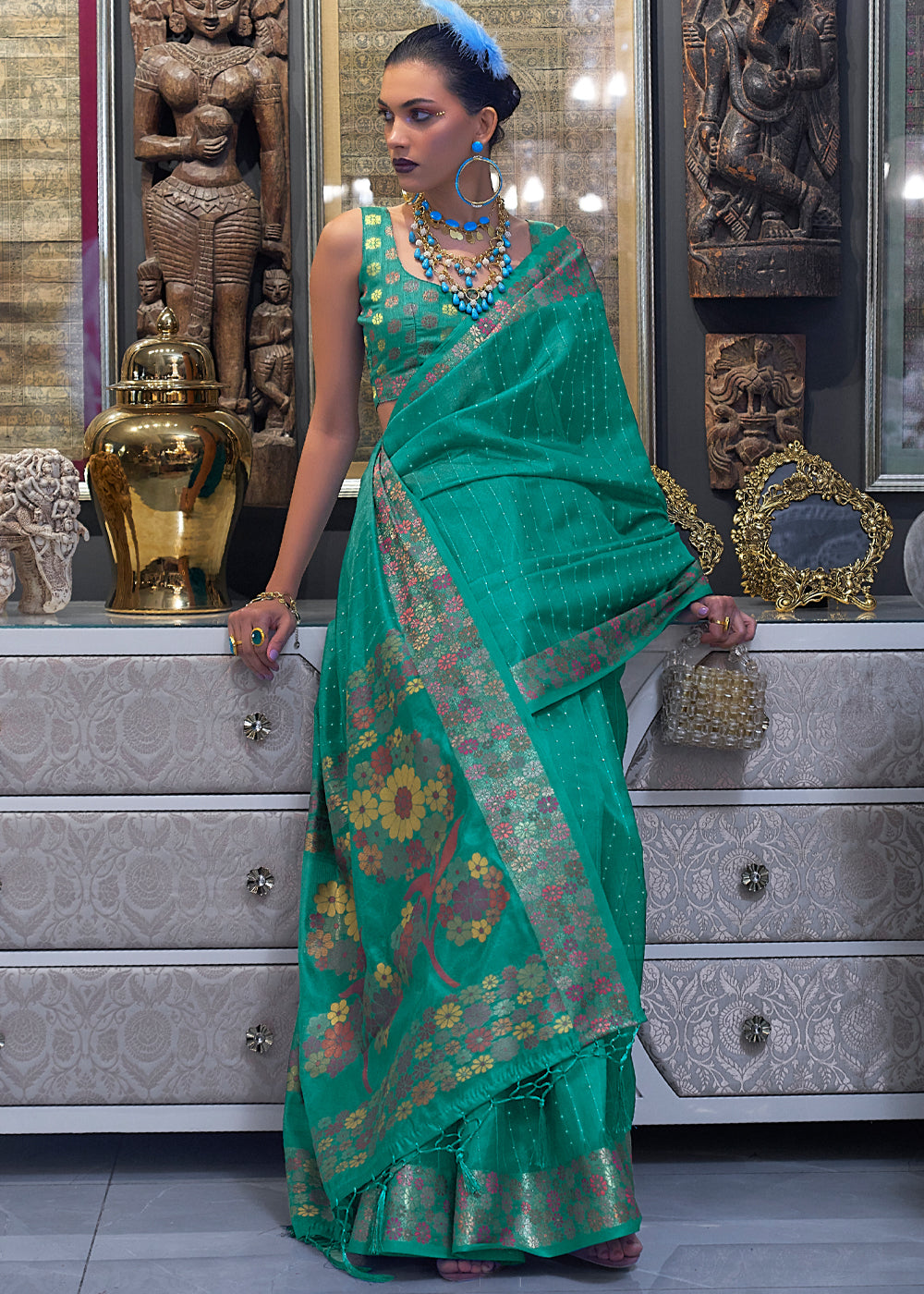 Buy MySilkLove Niagara Green Woven Dual Tone Organza Banarasi Silk Saree Online