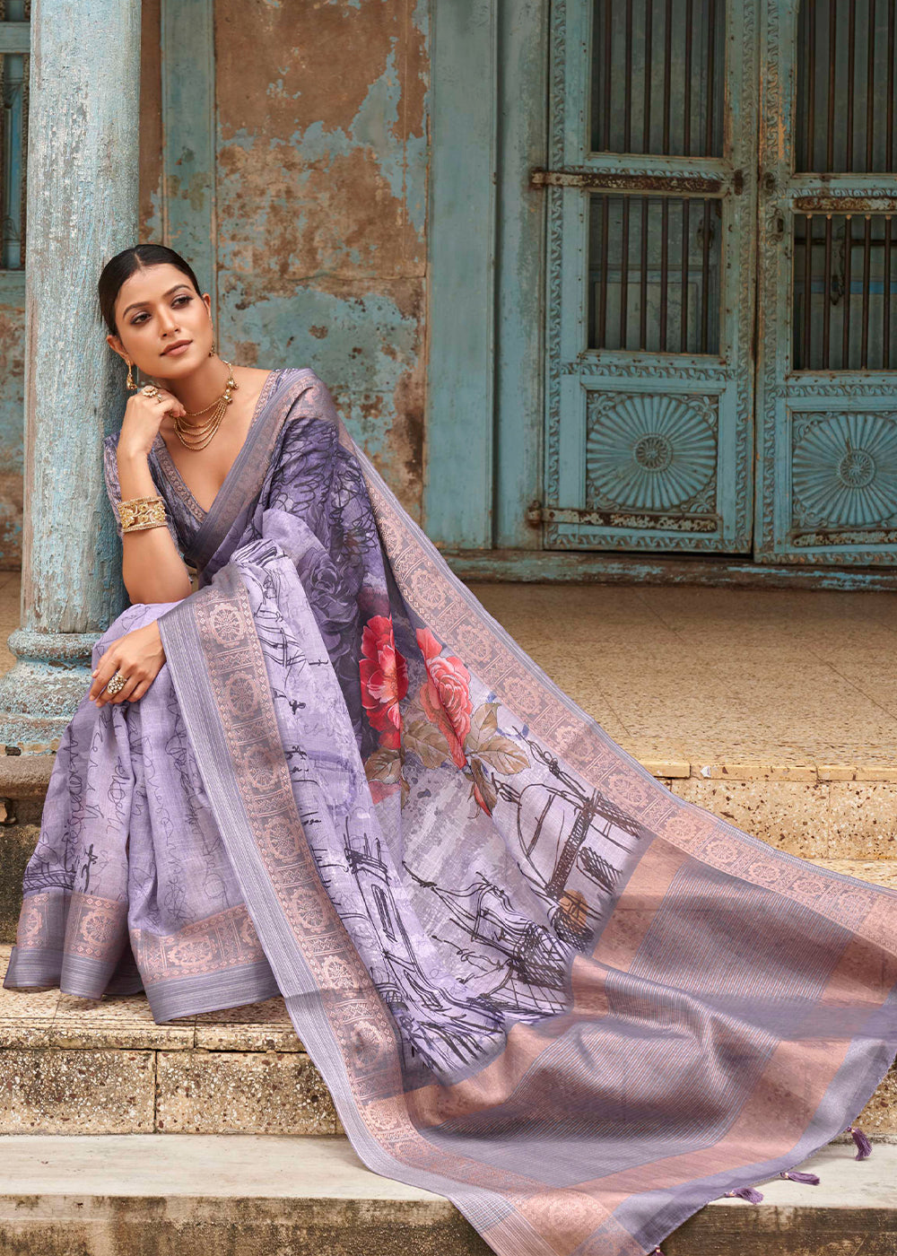 Buy MySilkLove Glossy Grape Purple Floral Printed Linen Silk Saree Online
