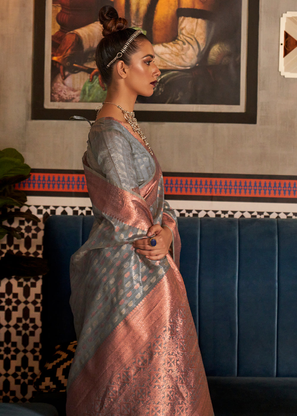 Buy MySilkLove Zorba Grey Zari Woven Tissue Saree Online