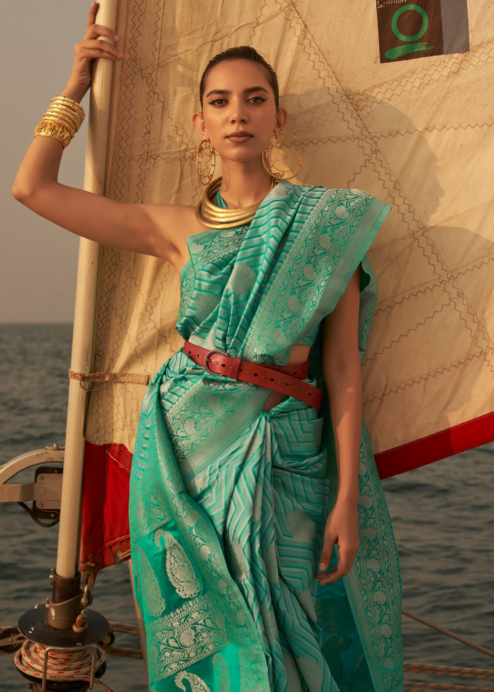 Buy MySilkLove Ocean Green Dual Tone Banarasi Satin Silk Saree Online
