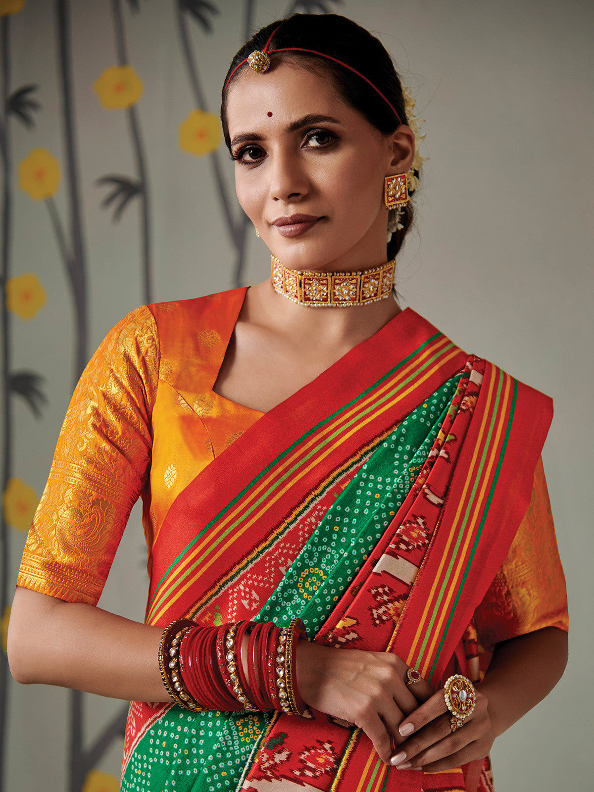 Buy MySilkLove Goblin Green and Orange Printed Patola Silk Saree Online