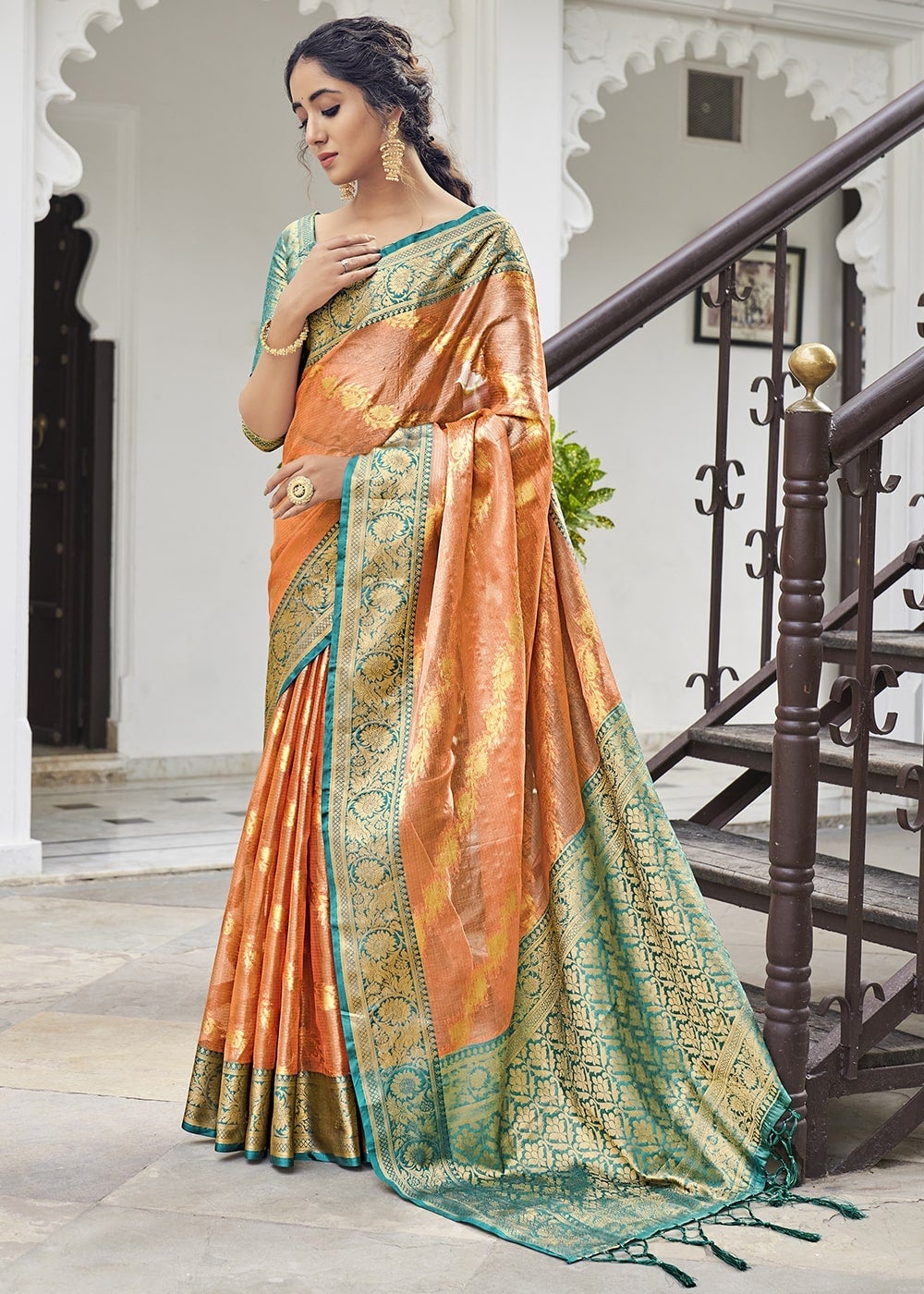 MySilkLove Big Foot Orange Zari Woven Organza Tissue Silk Saree