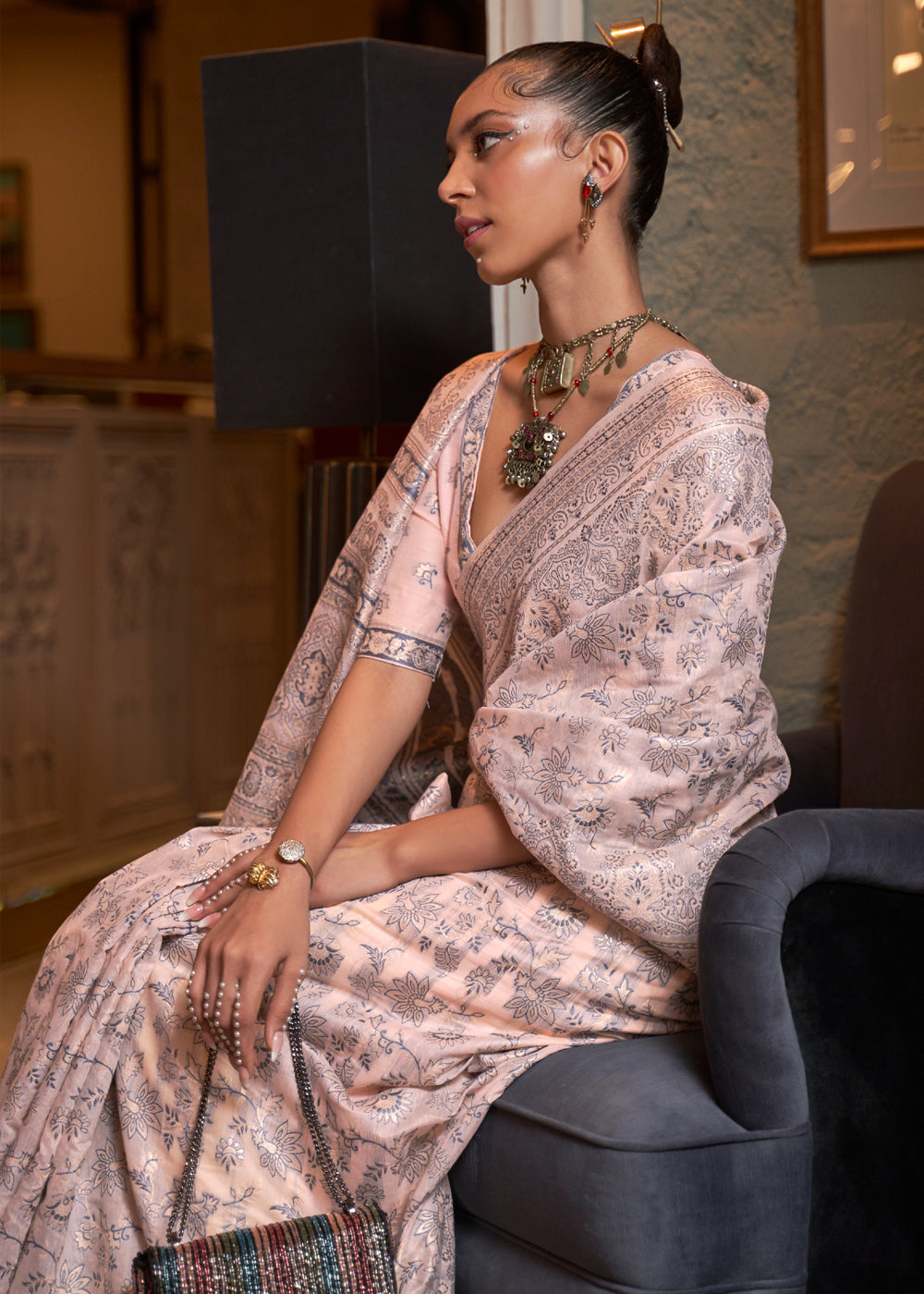 Buy MySilkLove Desert Sand Pink Woven Kashmiri Jamewr Cotton Silk Saree Online