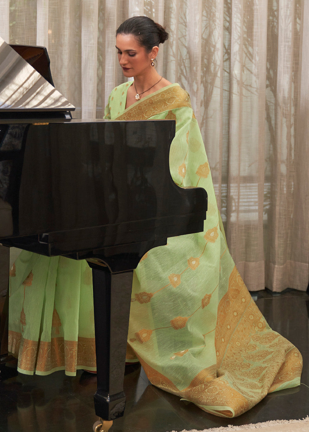 Buy MySilkLove Caper Green Zari Woven Linen Saree Online