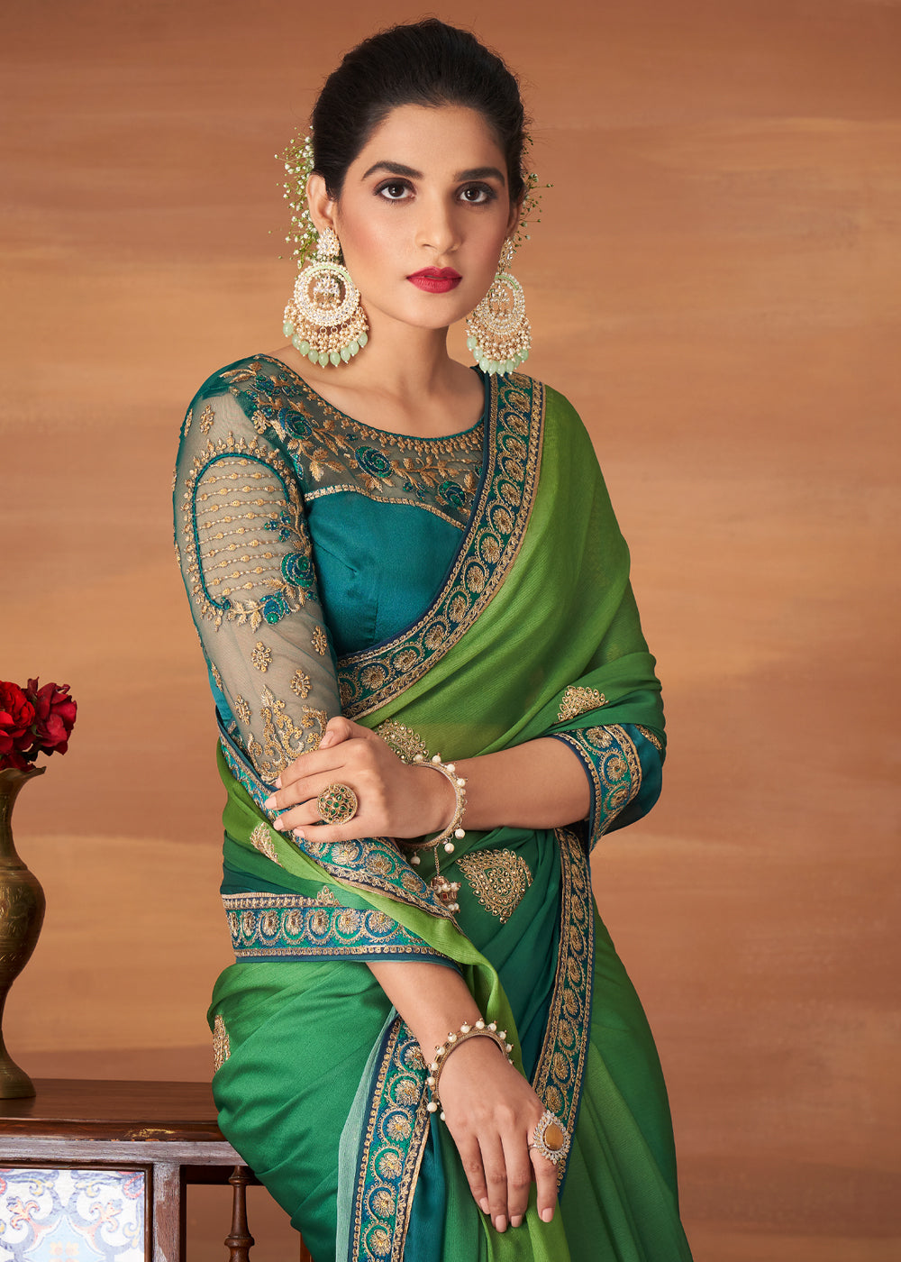 Buy MySilkLove Cucumber Green and Blue Designer Saree with Embroidered Blouse Online