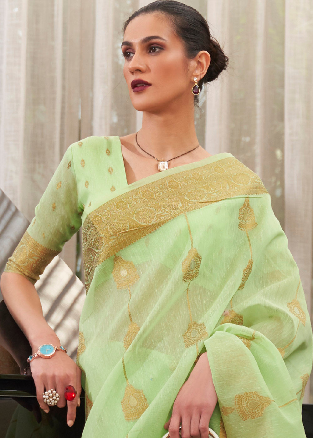 Buy MySilkLove Caper Green Zari Woven Linen Saree Online