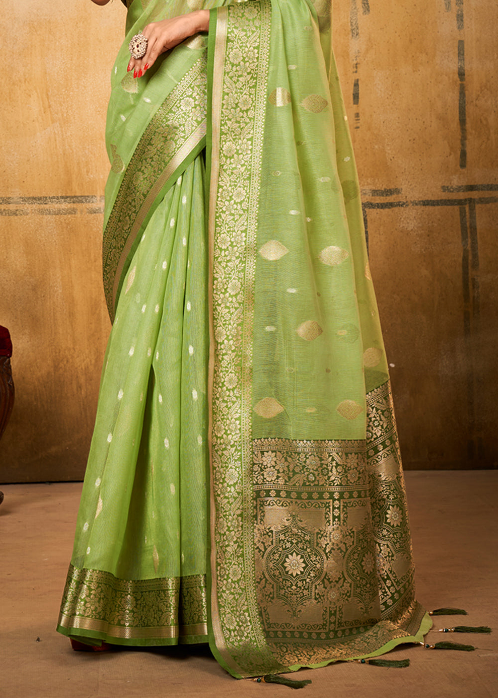 Buy MySilkLove Gimblet Green Woven Banarasi Silk Saree Online