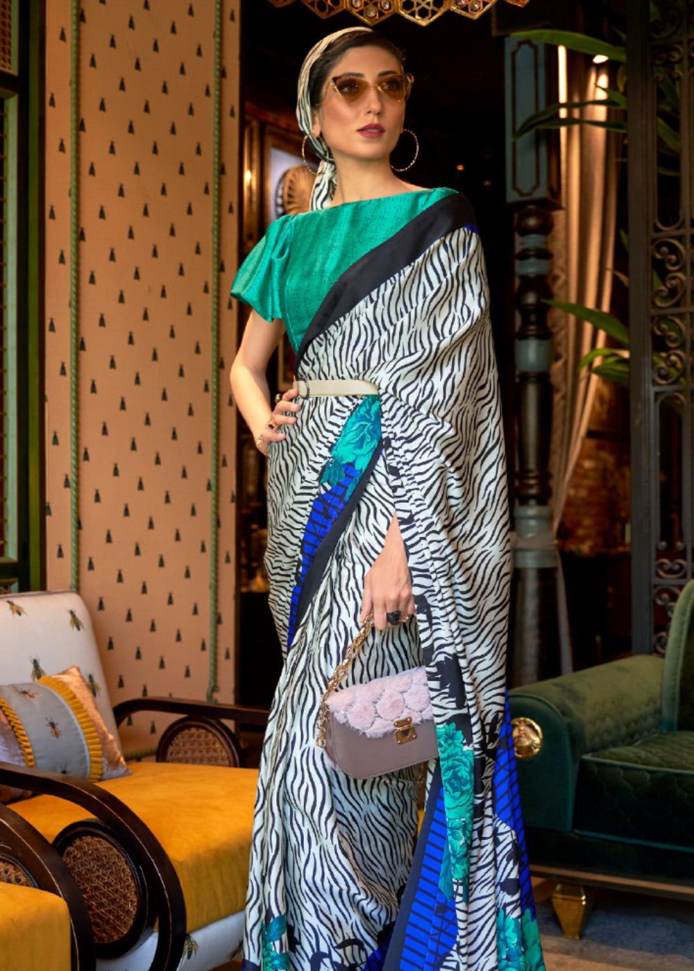 Buy MySilkLove Edward White and Blue Printed Satin Silk Saree Online