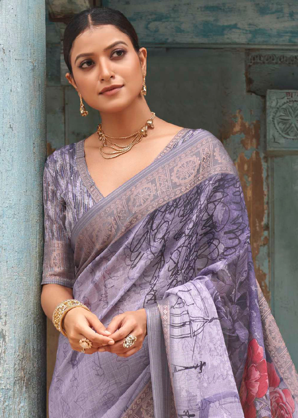 Buy MySilkLove Glossy Grape Purple Floral Printed Linen Silk Saree Online