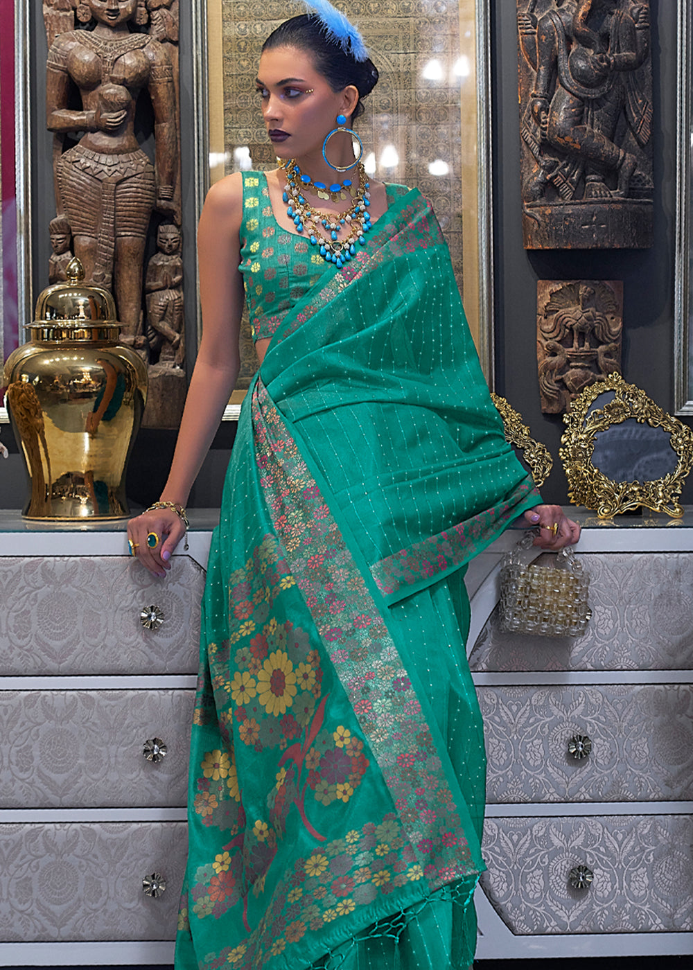 Buy MySilkLove Niagara Green Woven Dual Tone Organza Banarasi Silk Saree Online