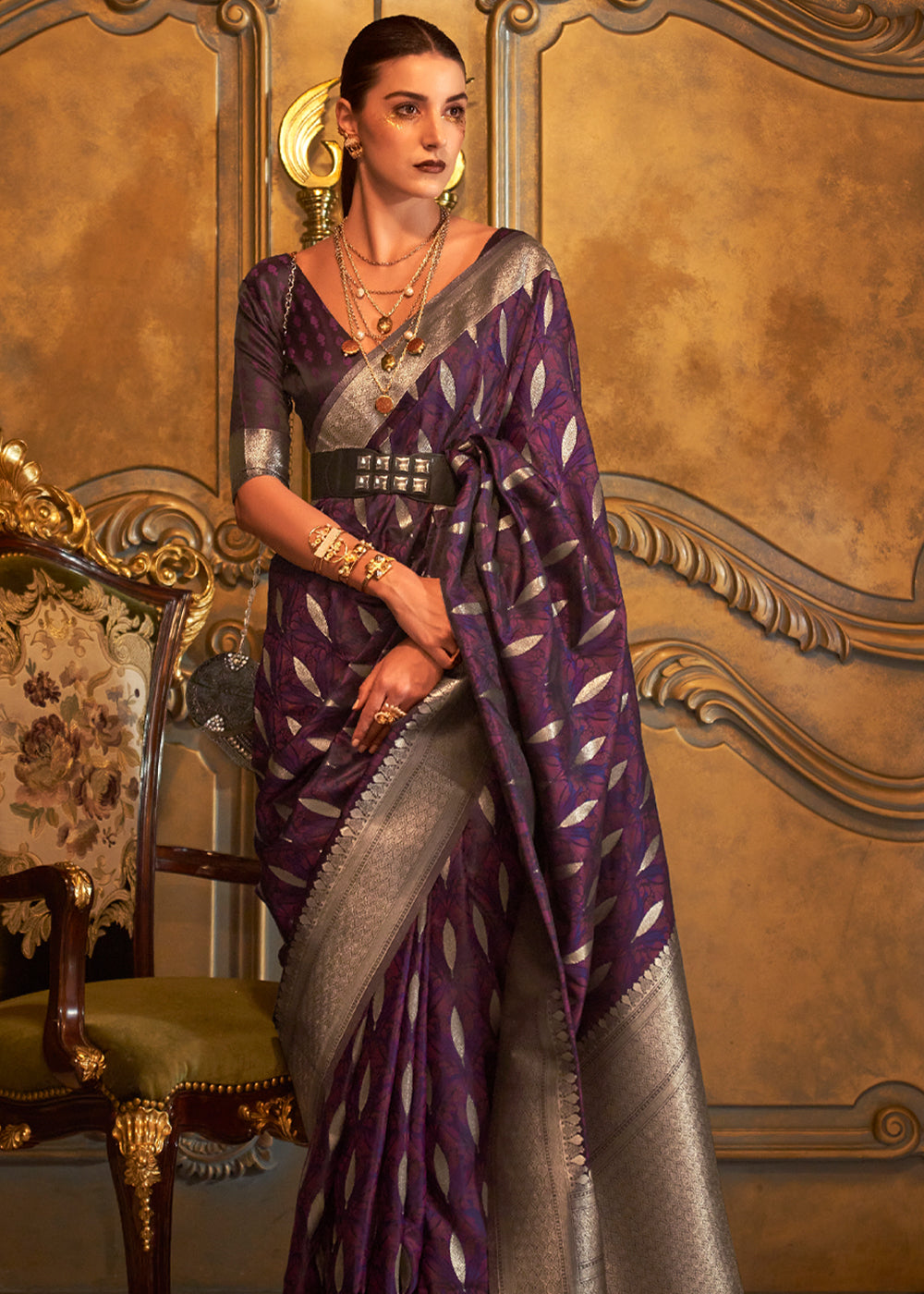 Buy MySilkLove Woody Purple Banarasi Satin Silk Saree Online