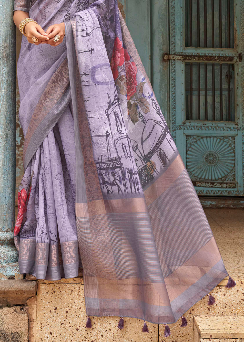 Buy MySilkLove Glossy Grape Purple Floral Printed Linen Silk Saree Online