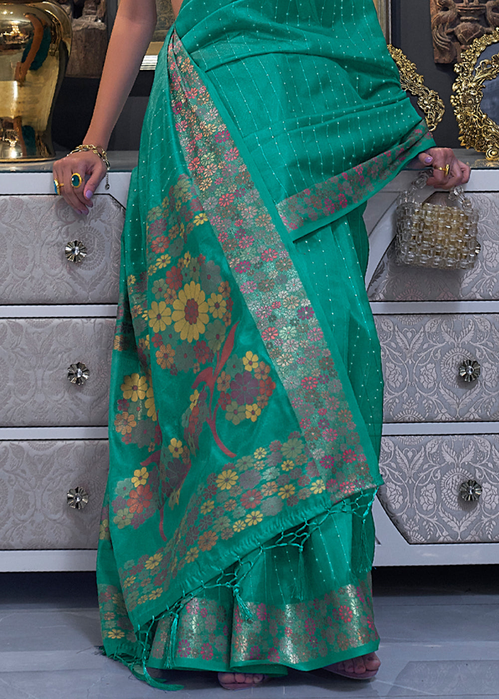 Buy MySilkLove Niagara Green Woven Dual Tone Organza Banarasi Silk Saree Online