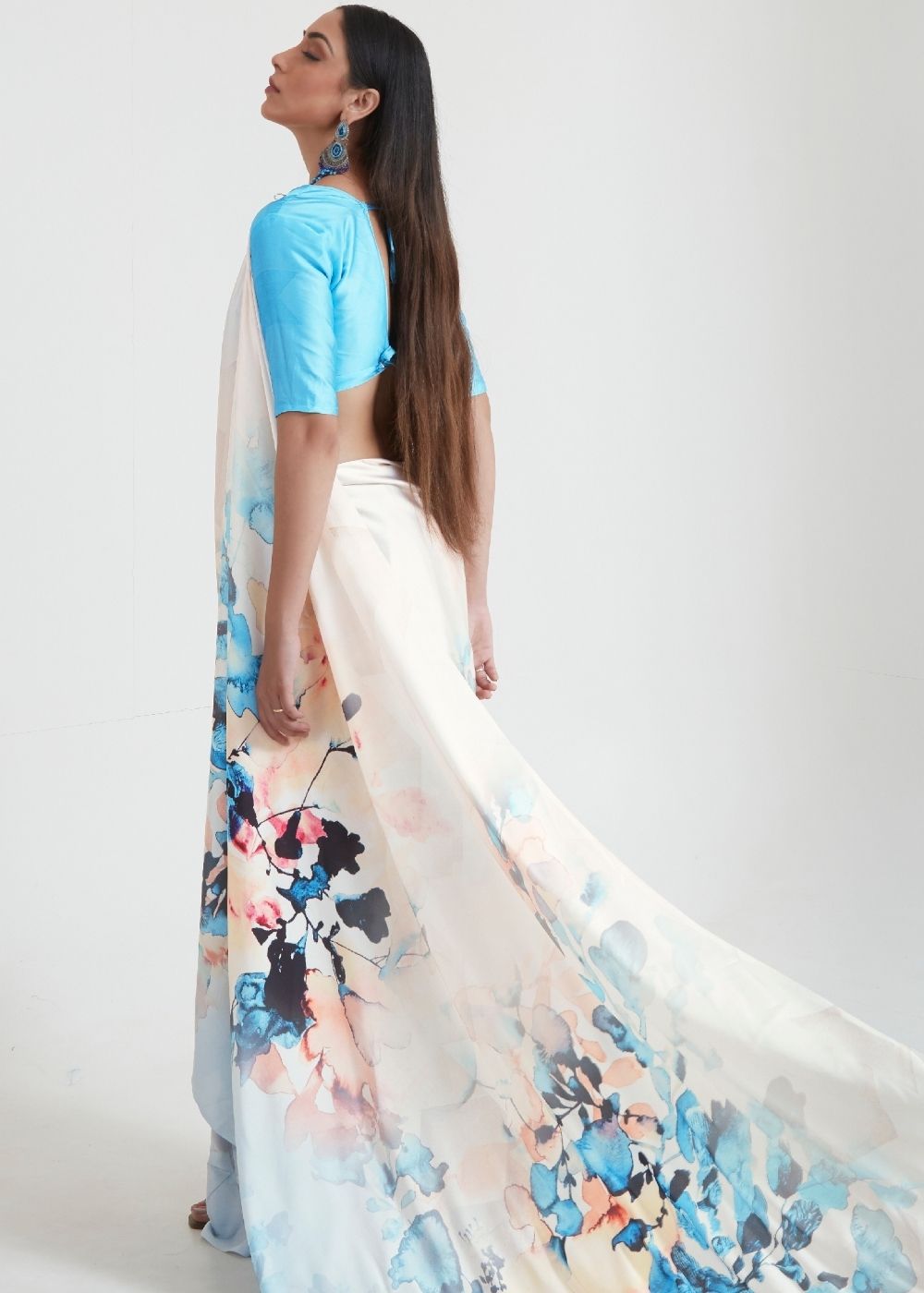 MySilkLove Ivory Pearl White and Blue Printed Saree