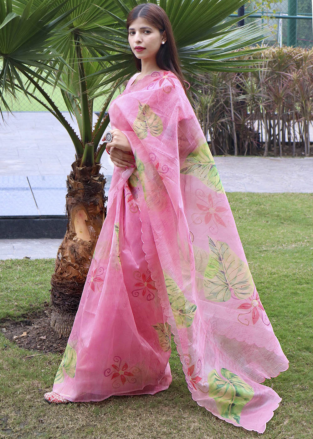 Blush Pink Saree in Organza Digital Floral Print - Clothsvil