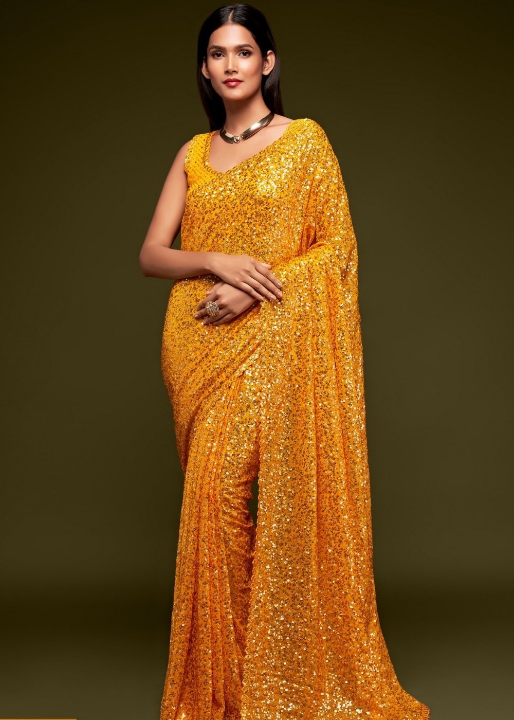 Buy MySilkLove Fire Bush Yellow Georgette Partywear Saree Online