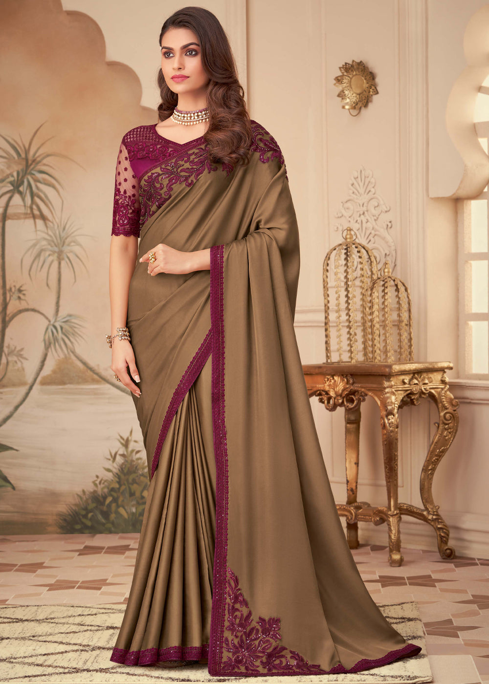 Buy MySilkLove Dirt Brown Georgette Designer Saree with Embroidered Blouse Online