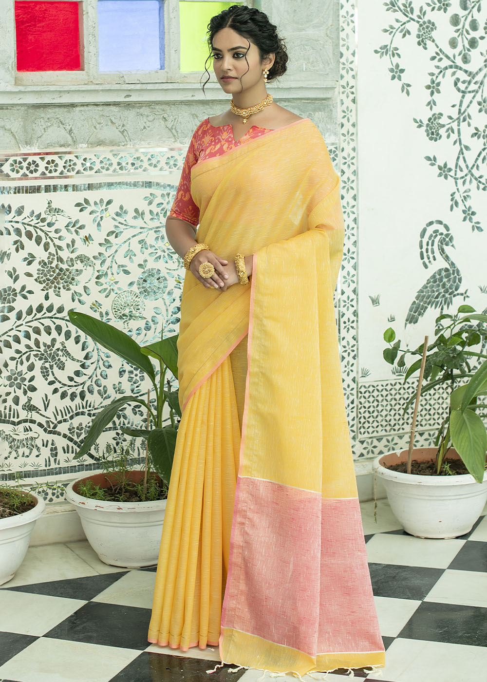 Buy MySilkLove Shalimar Yellow Zari Woven Linen Saree Online