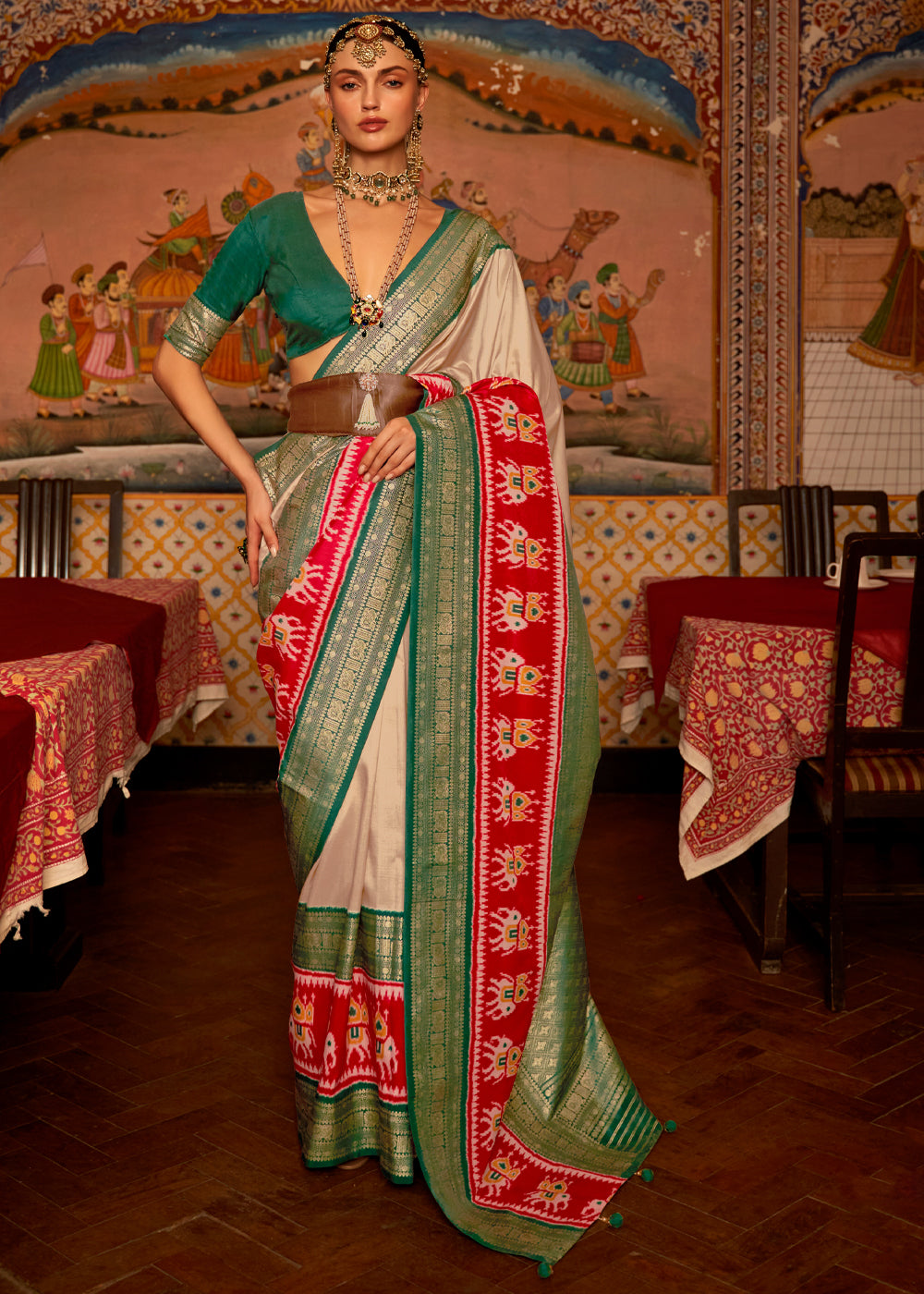 Buy MySilkLove Brandy Beige and Green Banarasi Patola Saree Online