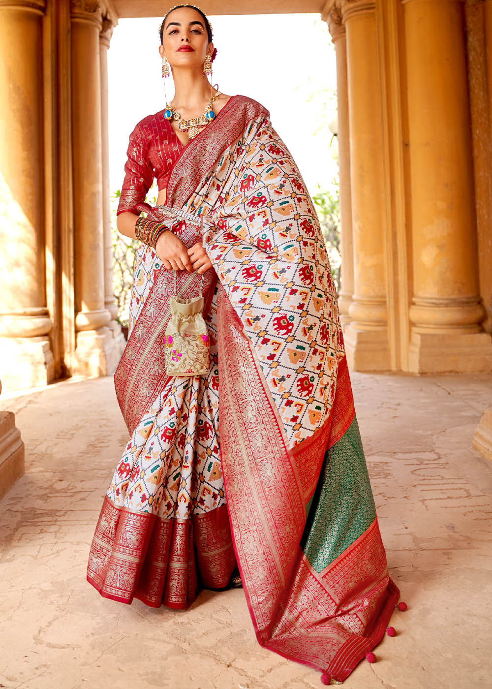 Buy MySilkLove Swiss Coffee White and Red Printed Patola Saree Online