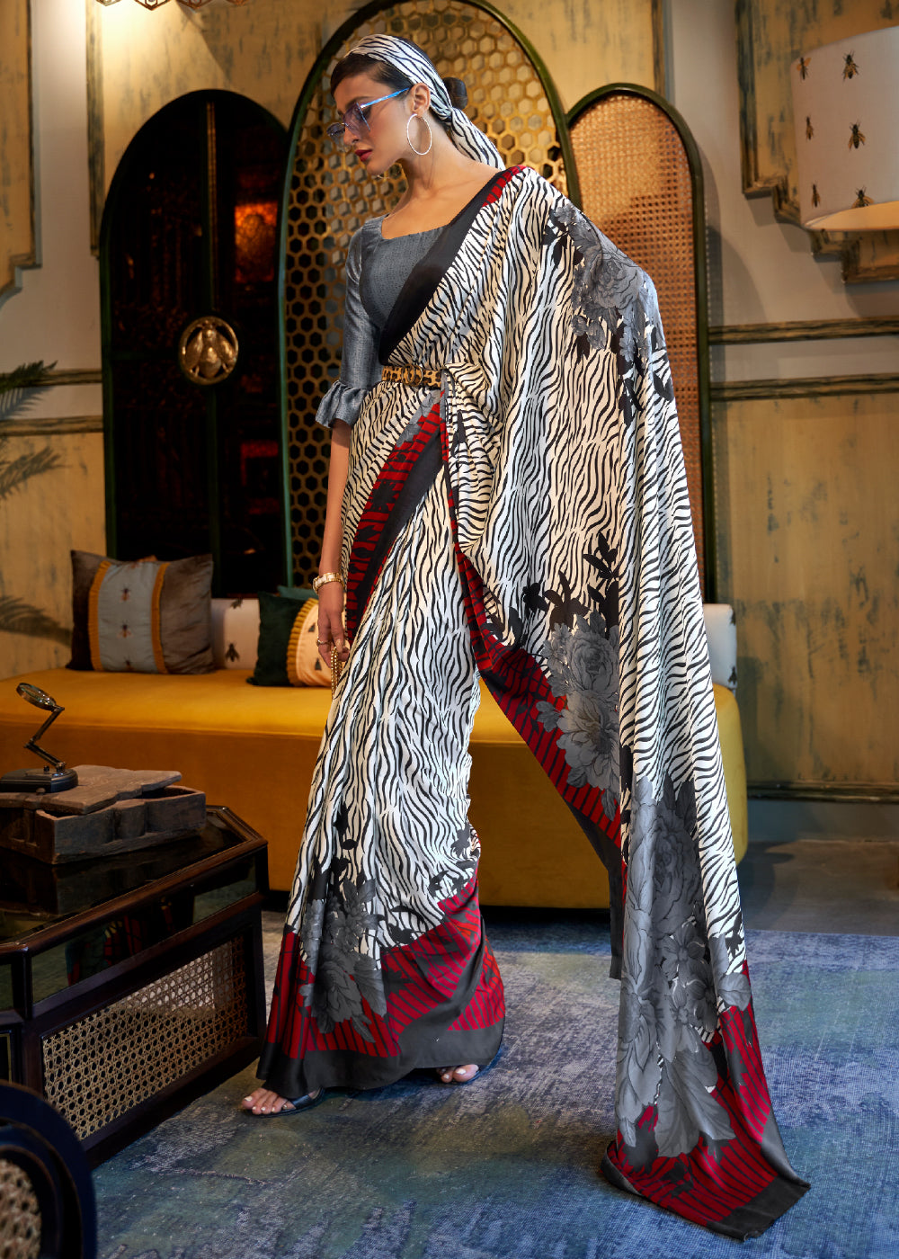 Buy MySilkLove Stack White and Maroon Printed Satin Silk Saree Online