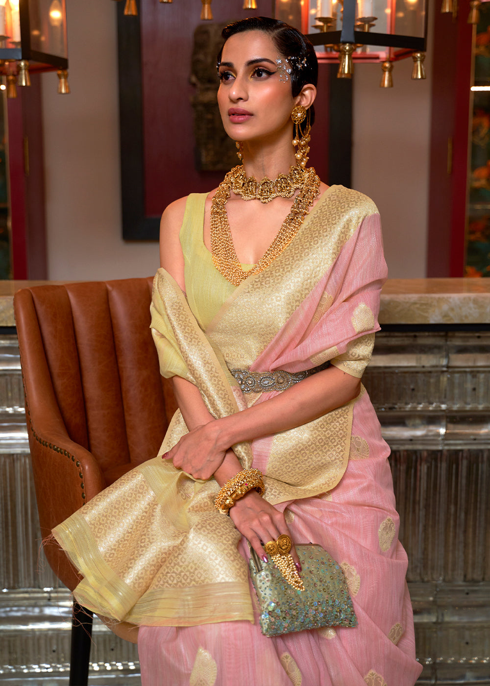Buy MySilkLove Pink Salmon and Yellow Zari Woven Linen Saree Online