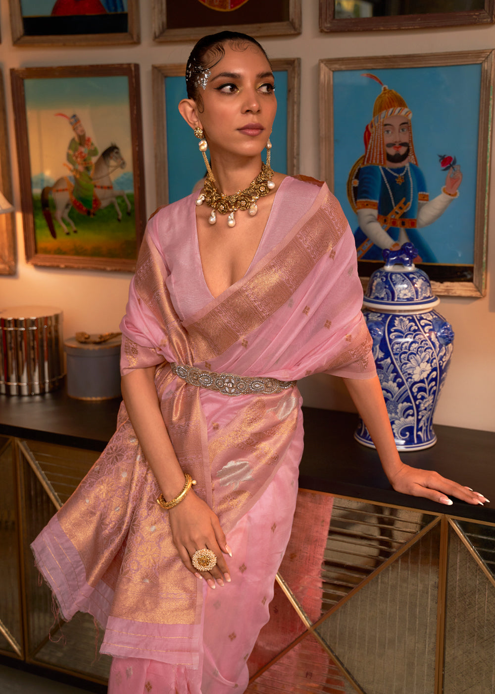 Buy MySilkLove Sundown Pink Zari Woven Banarasi Organza Saree Online