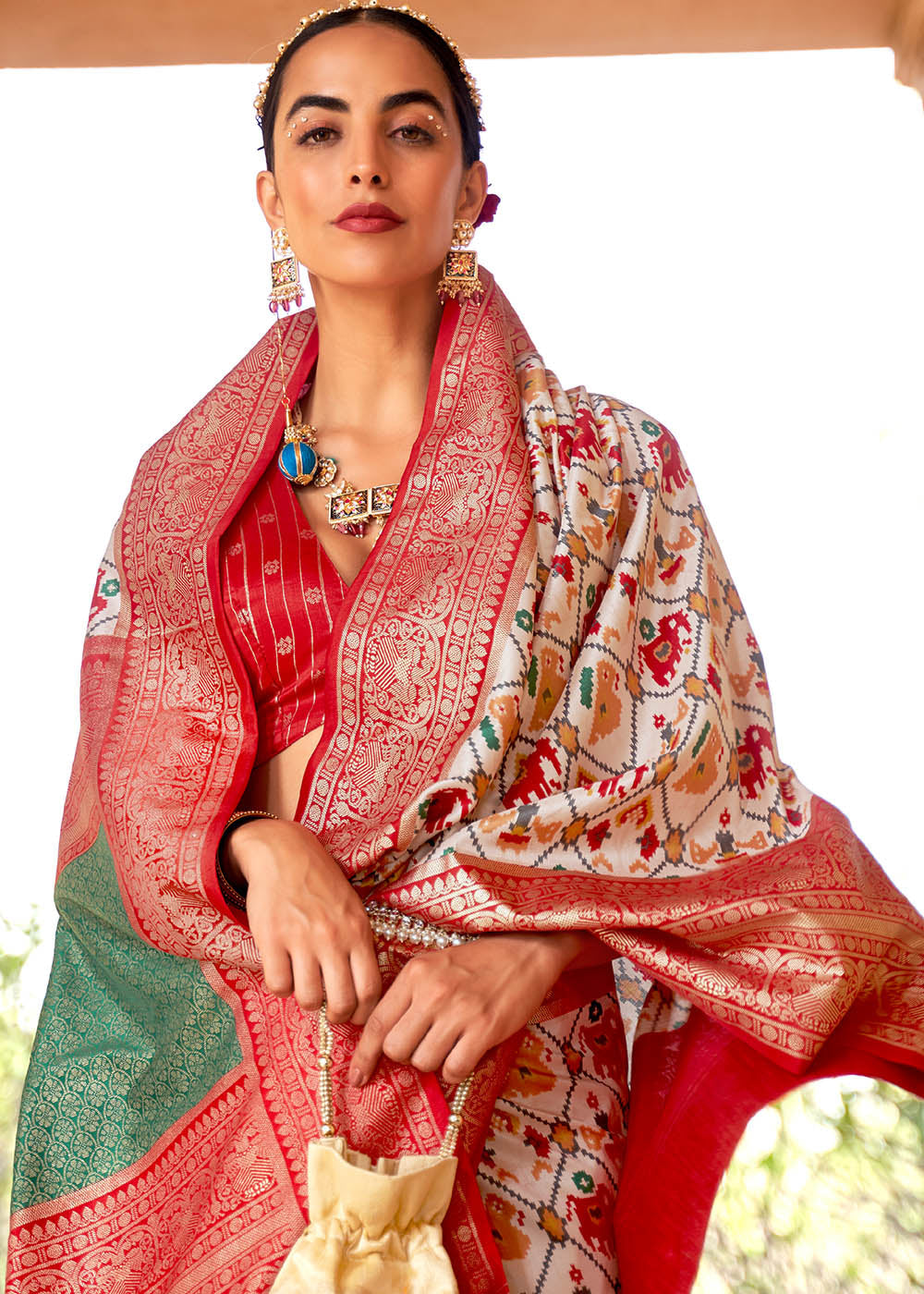 Buy MySilkLove Swiss Coffee White and Red Printed Patola Saree Online