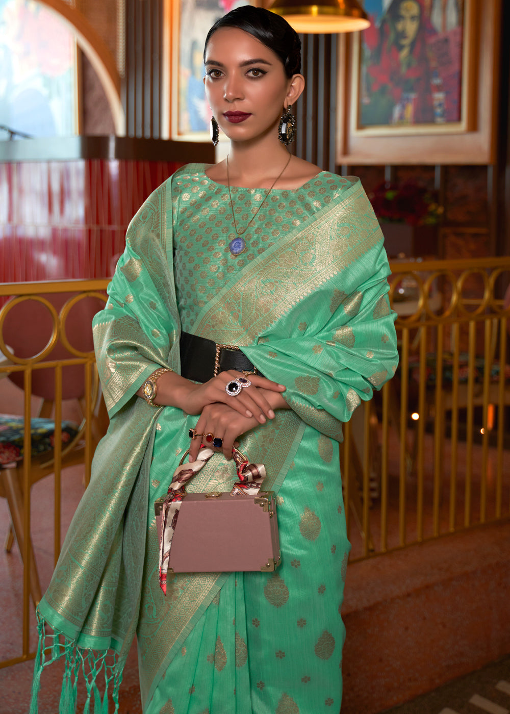 Buy MySilkLove Forest Green Banarasi Woven Textured Silk Saree Online