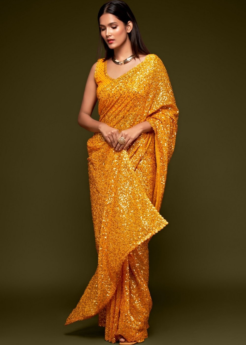 MySilkLove Fire Bush Yellow Georgette Partywear Saree