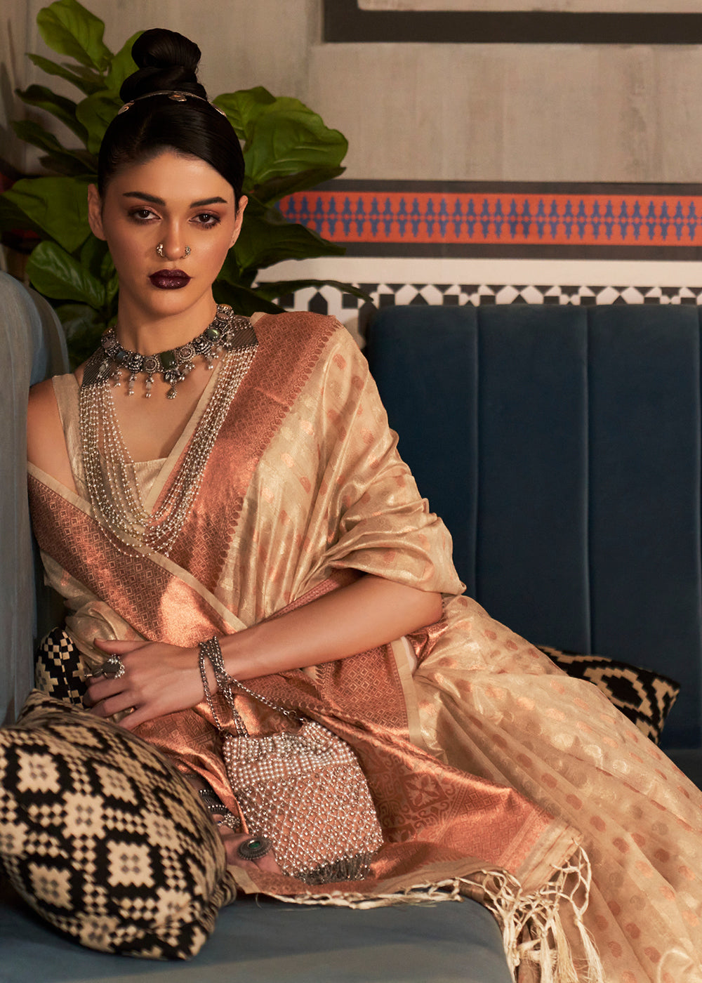 Buy MySilkLove Gold Sand Cream Zari Woven Tissue Saree Online