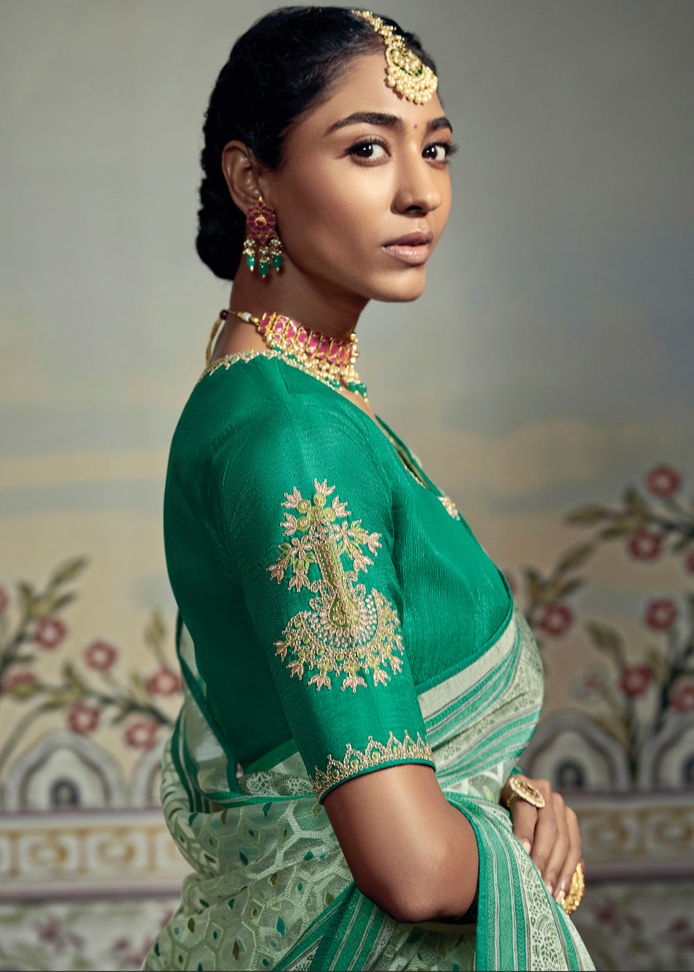 Buy MySilkLove Silver Tree Green Woven Soft Silk Saree with Embroidered Blouse Online