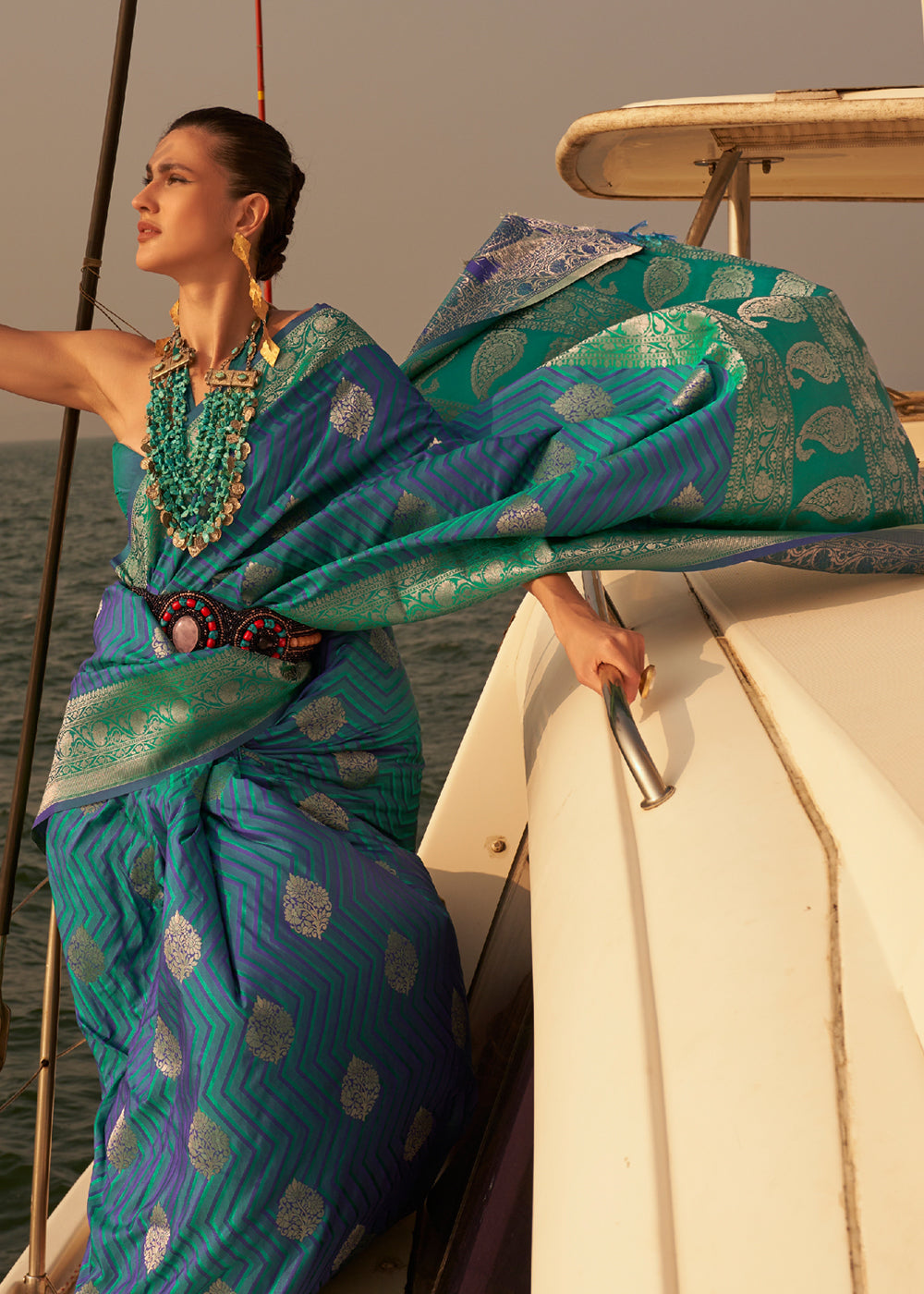 Buy MySilkLove Malachite Blue Dual Tone Banarasi Satin Silk Saree Online