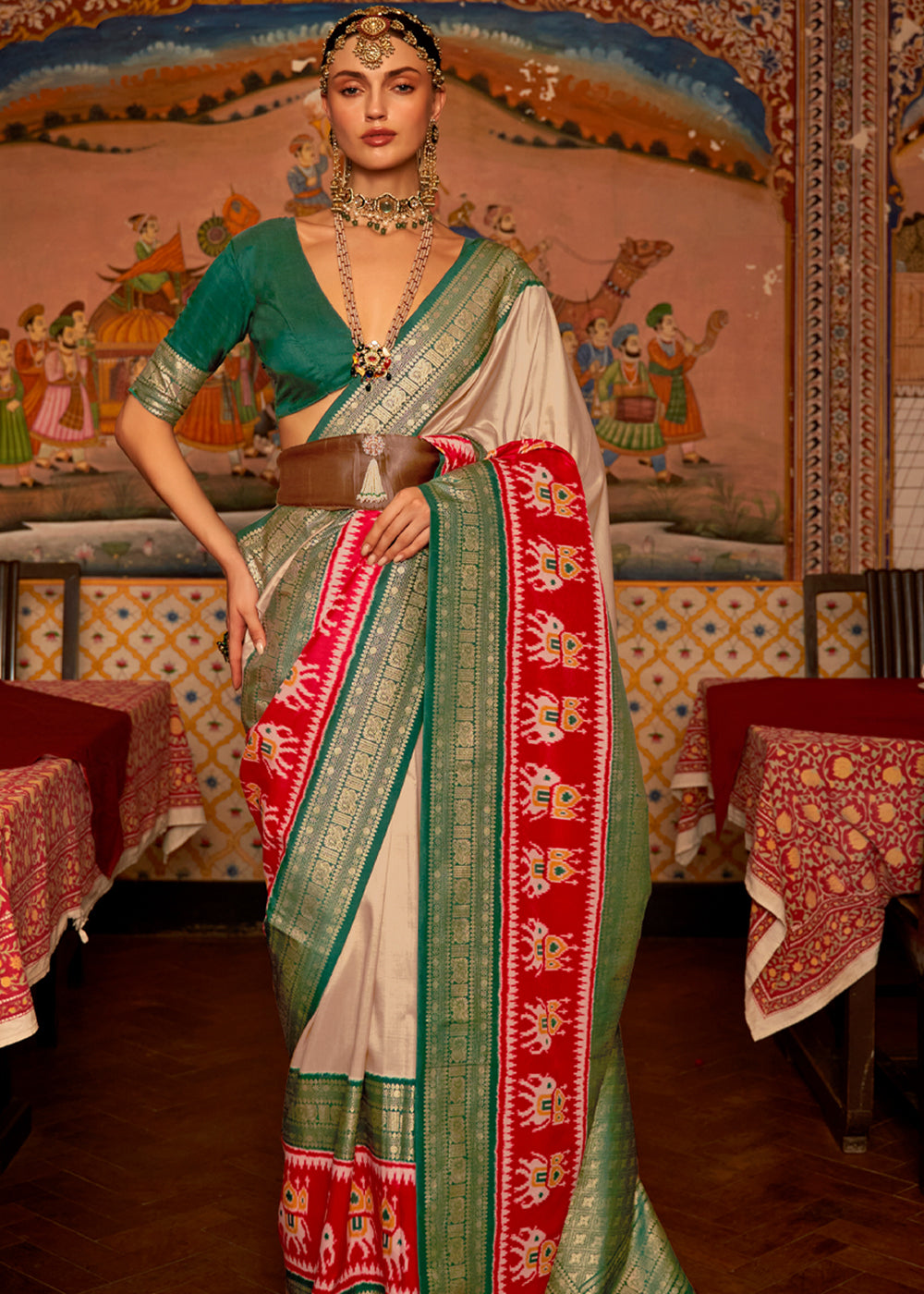 Buy MySilkLove Brandy Beige and Green Banarasi Patola Saree Online