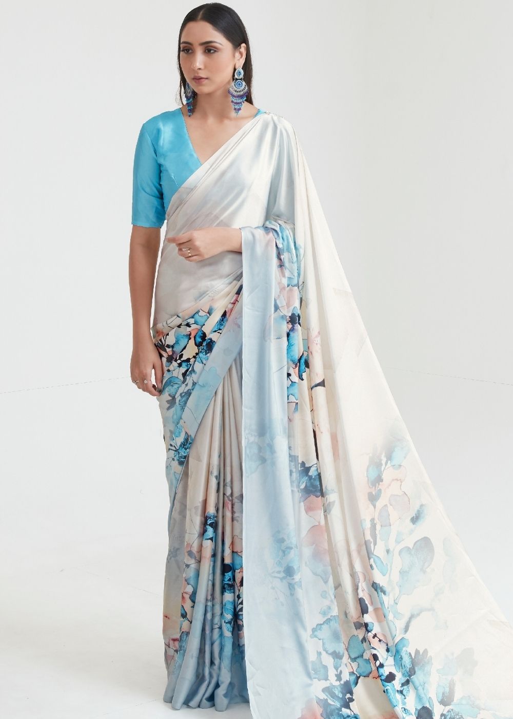 Buy MySilkLove Ivory Pearl White and Blue Printed Saree Online