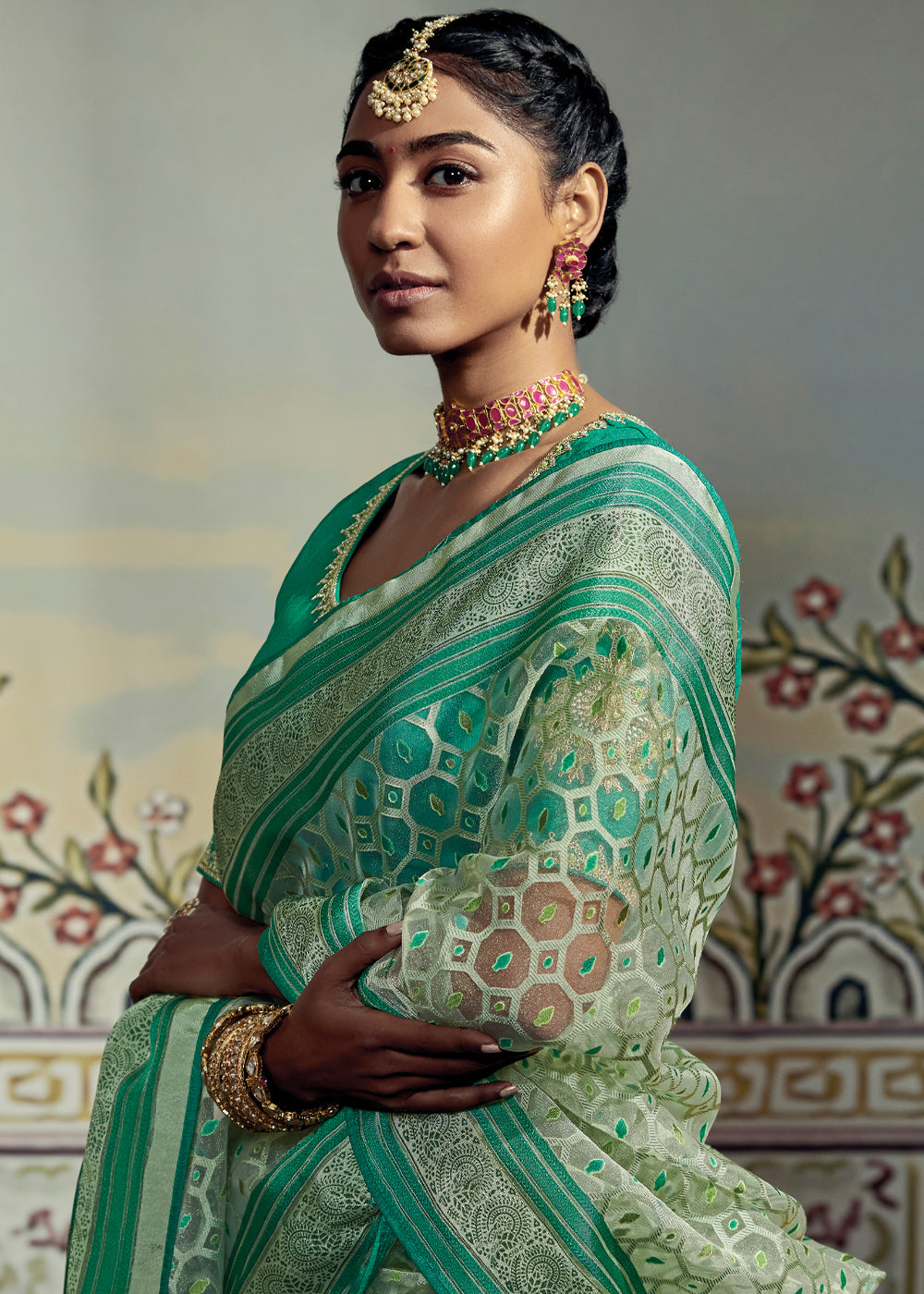 Buy MySilkLove Silver Tree Green Woven Soft Silk Saree with Embroidered Blouse Online