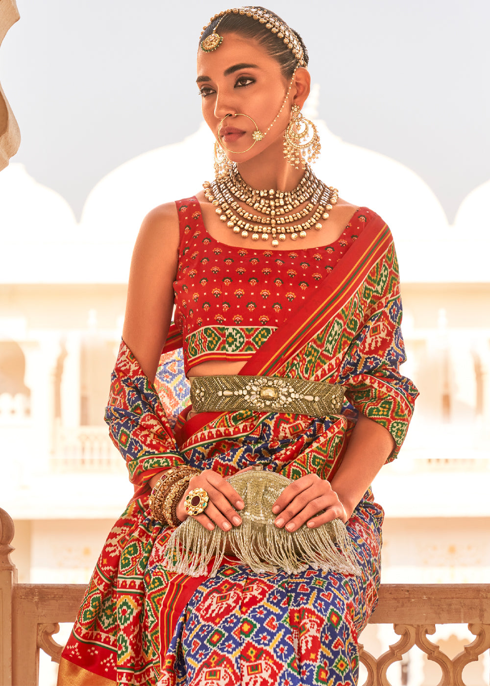 Buy MySilkLove Mountbatten Blue and Red Printed Patola Tussar Saree Online