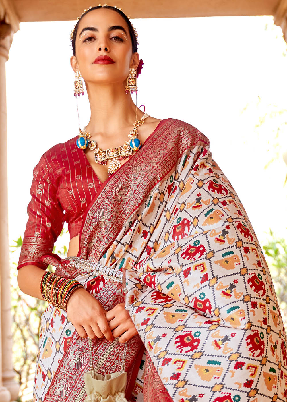 Buy MySilkLove Swiss Coffee White and Red Printed Patola Saree Online