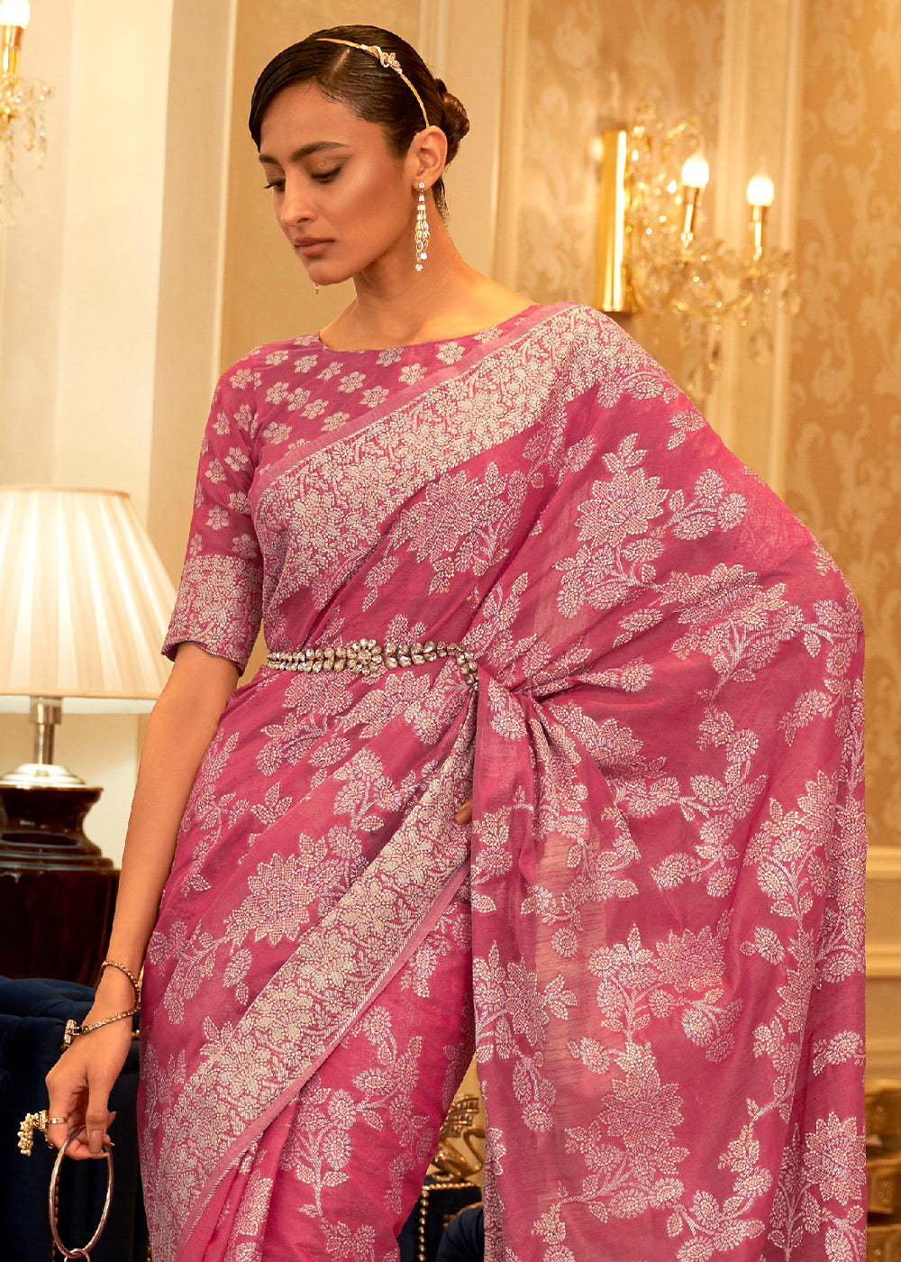 Buy MySilkLove Fuzzy Pink Woven Chikankari Saree Online