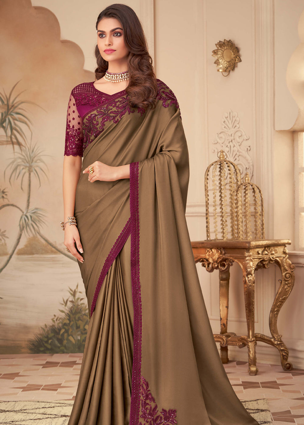 Buy MySilkLove Dirt Brown Georgette Designer Saree with Embroidered Blouse Online