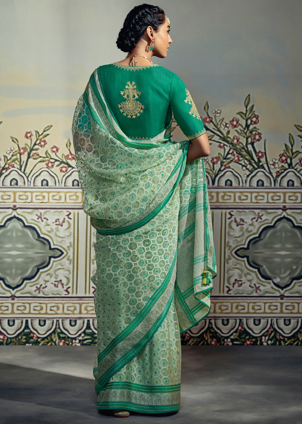 Buy MySilkLove Silver Tree Green Woven Soft Silk Saree with Embroidered Blouse Online