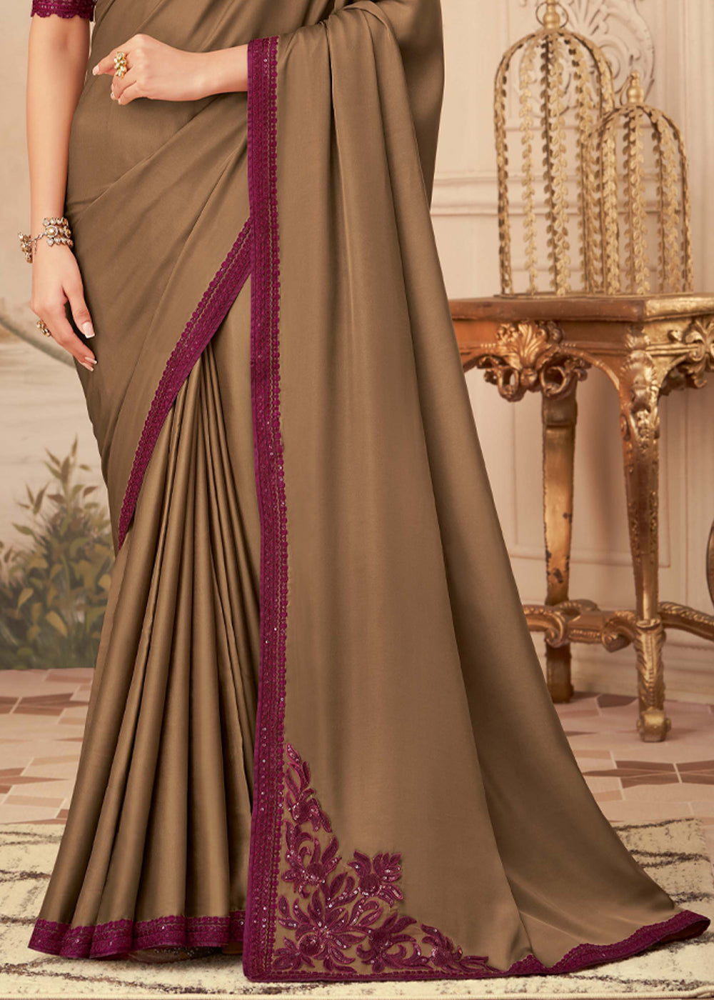 Buy MySilkLove Dirt Brown Georgette Designer Saree with Embroidered Blouse Online