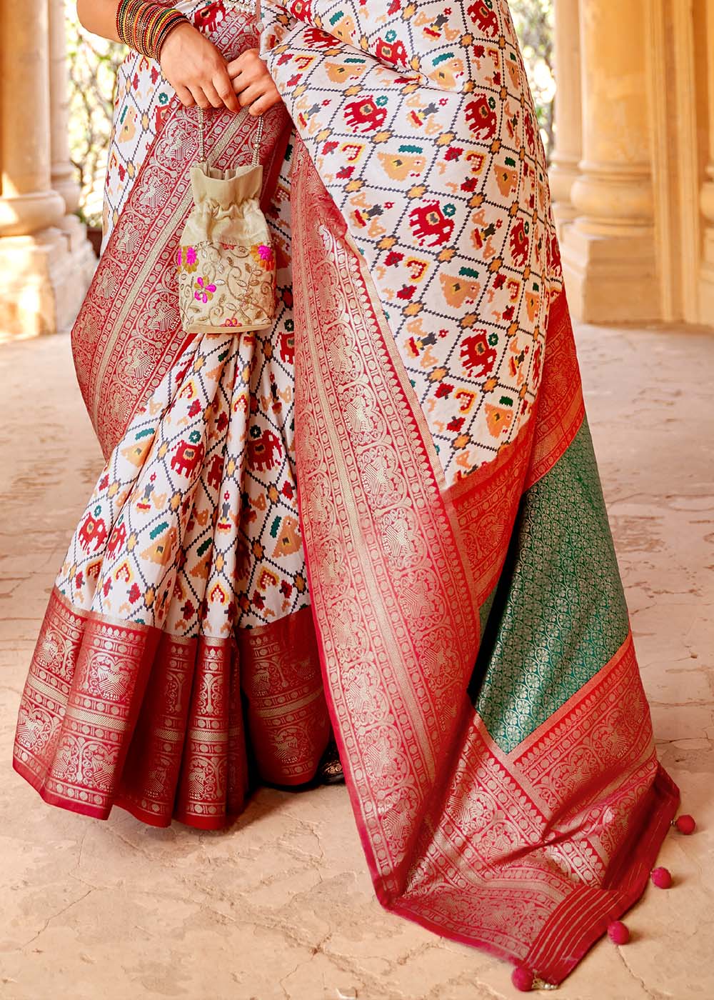 Buy MySilkLove Swiss Coffee White and Red Printed Patola Saree Online
