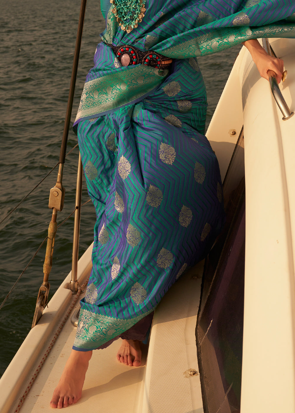 Buy MySilkLove Malachite Blue Dual Tone Banarasi Satin Silk Saree Online