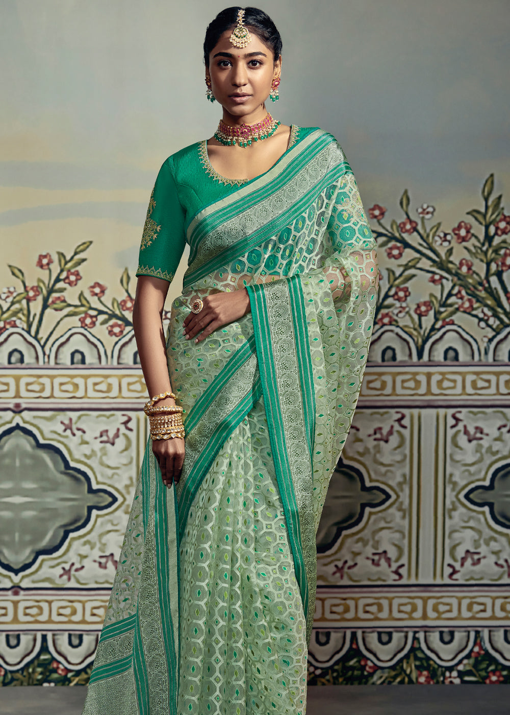 Buy MySilkLove Silver Tree Green Woven Soft Silk Saree with Embroidered Blouse Online