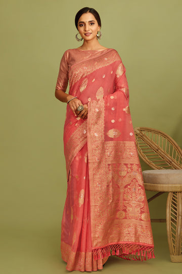 Roman Light Pink Zari Woven Linen Saree – Mysilklove