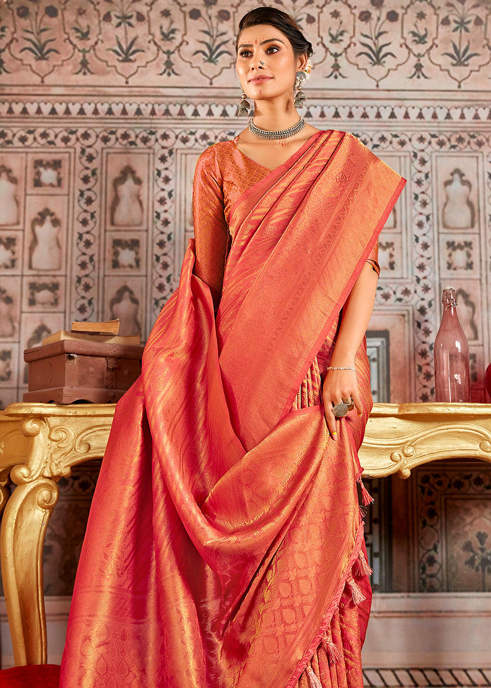 Buy MySilkLove Burnt Sienna Light Red South Silk Saree Online