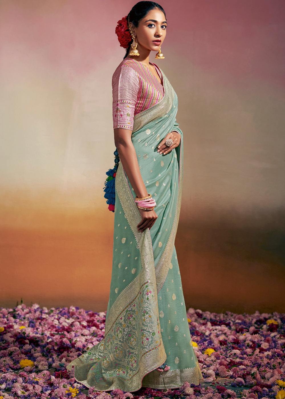 Buy MySilkLove Spring Rain Blue Woven Banarasi Soft Silk Saree Online